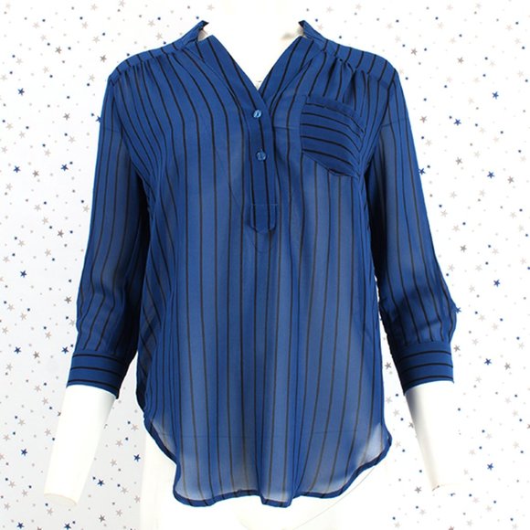 3/4 Sleeve Sheer Stripe Blouse Top Royal Blue - Picture 2 of 7
